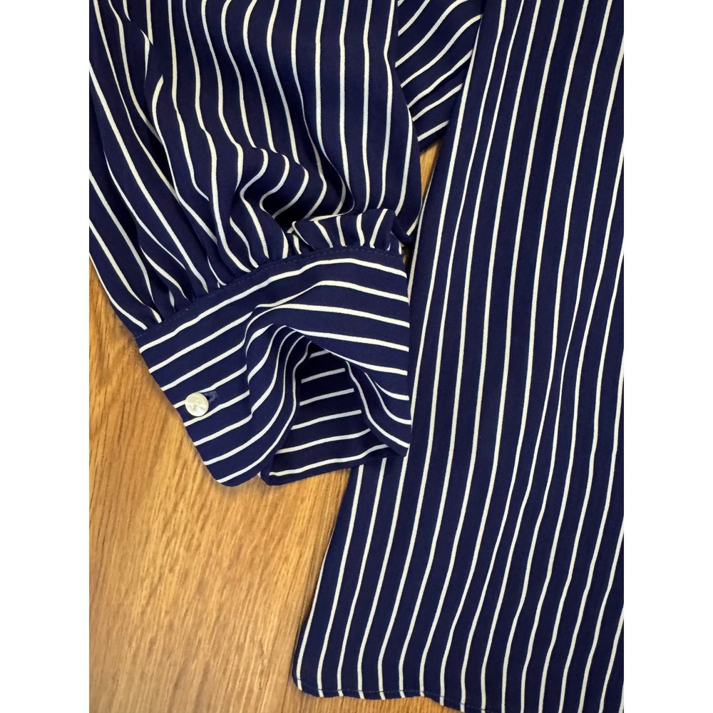Ann Taylor Factory Navy Blue White Striped Puff Sleeve Blouse Boat Neck Large - Picture 3 of 8